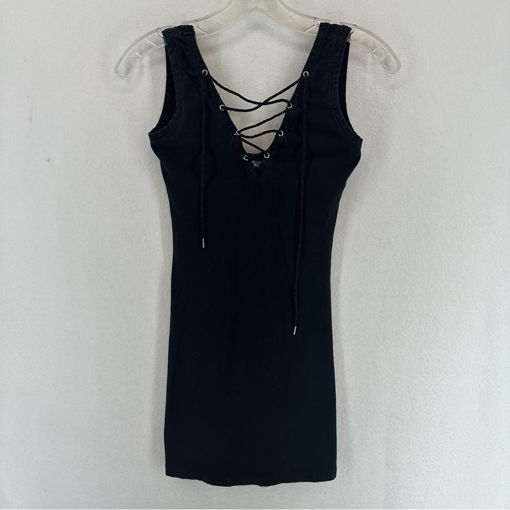 Shown To‎ Scale Sleeveless Front Tie Mini Bodycon Dress Small Black